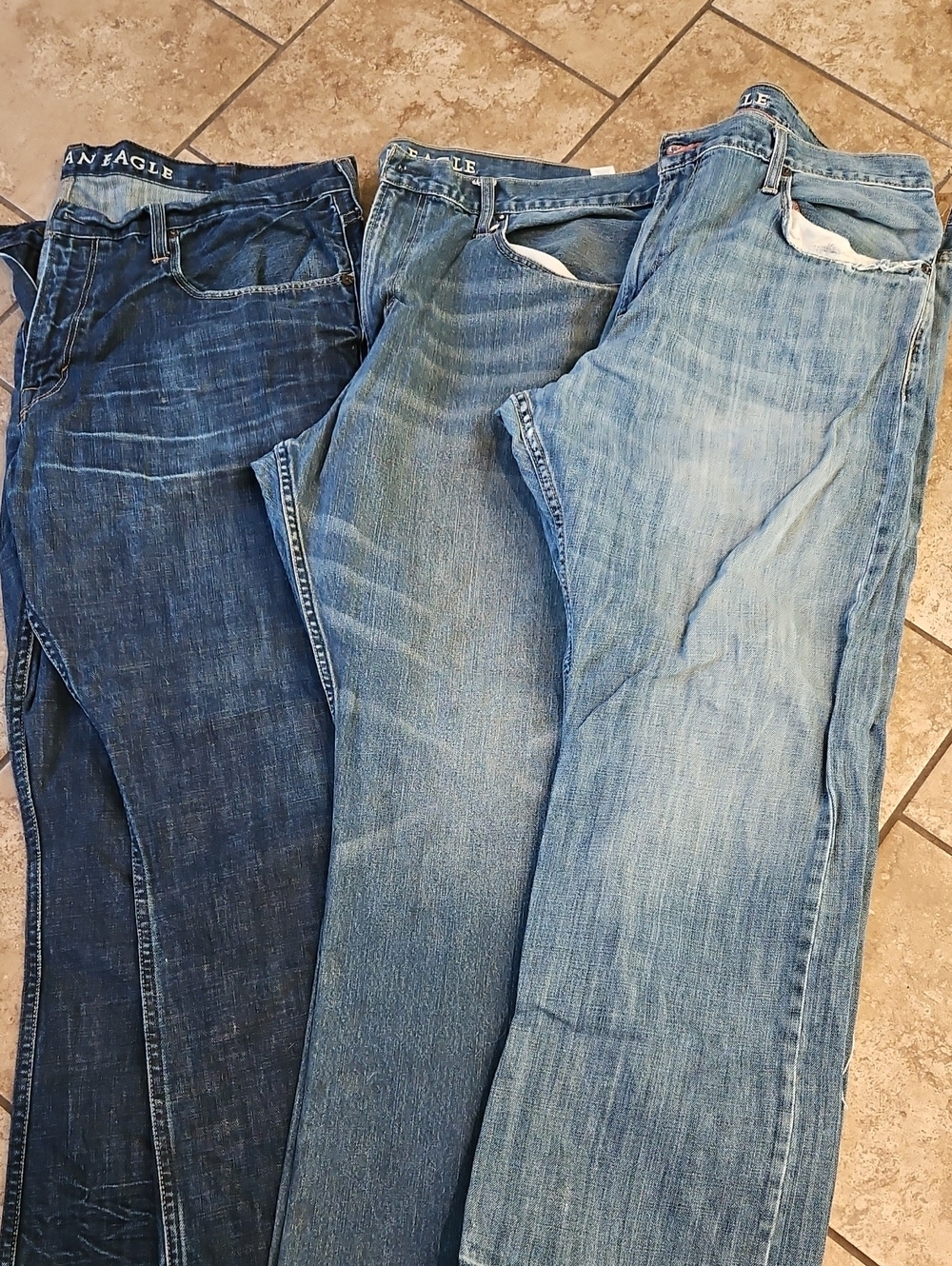 42x32 American Eagle Men's Straight Jeans Trio in Dark, Medium & Light Blue